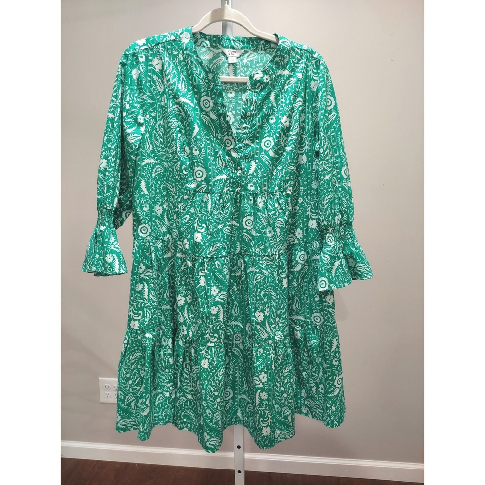 Crown & Ivy Green Paisley Tiered Mini Dress Smocked Ruffle Sleeve Pockets Size M